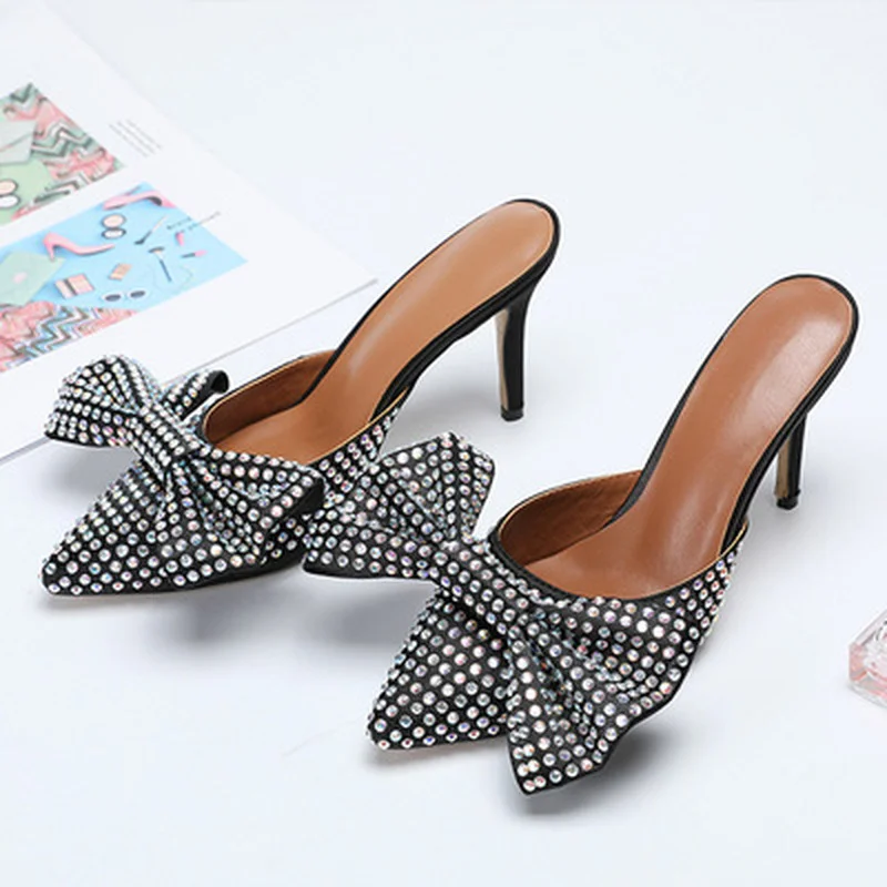 

New style large size single shoes temperament pointed toe rhinestone bowknot women's sandals, pedal temperament high heels