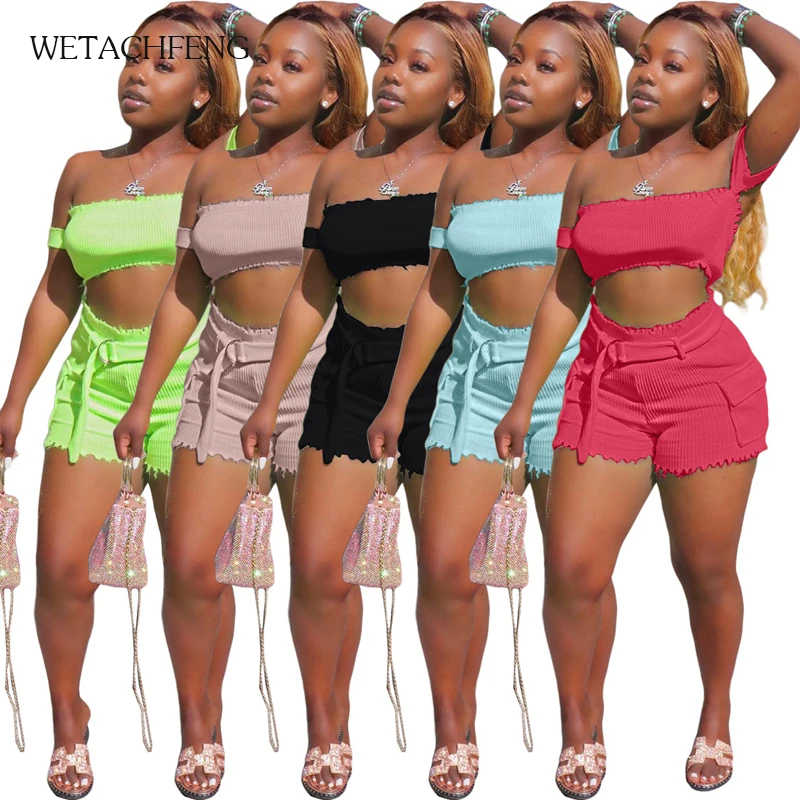 

Sexy Off Shoulder Knit Crop Top Biker Shorts Two Piece Set Women Red Tracksuit Lounge Wear Cotton 2 Piece Outfits 2020 Clothing