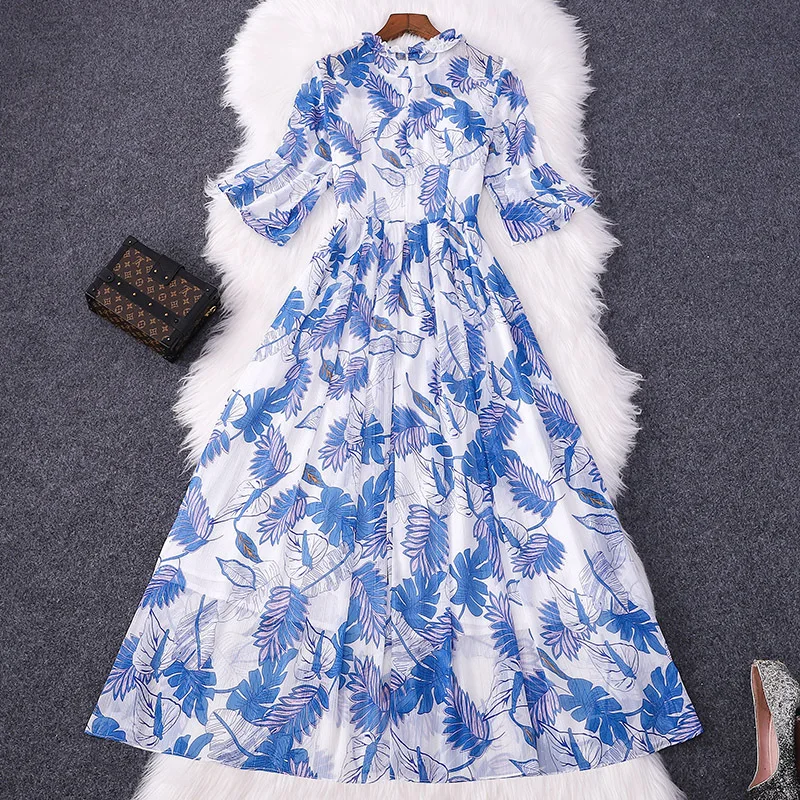 

Chiffon Printing Pleated Dresses Spring Autumn Casual Ruffled Round Collar Short Flare Sleeve Light Blue Big Swing Clothing