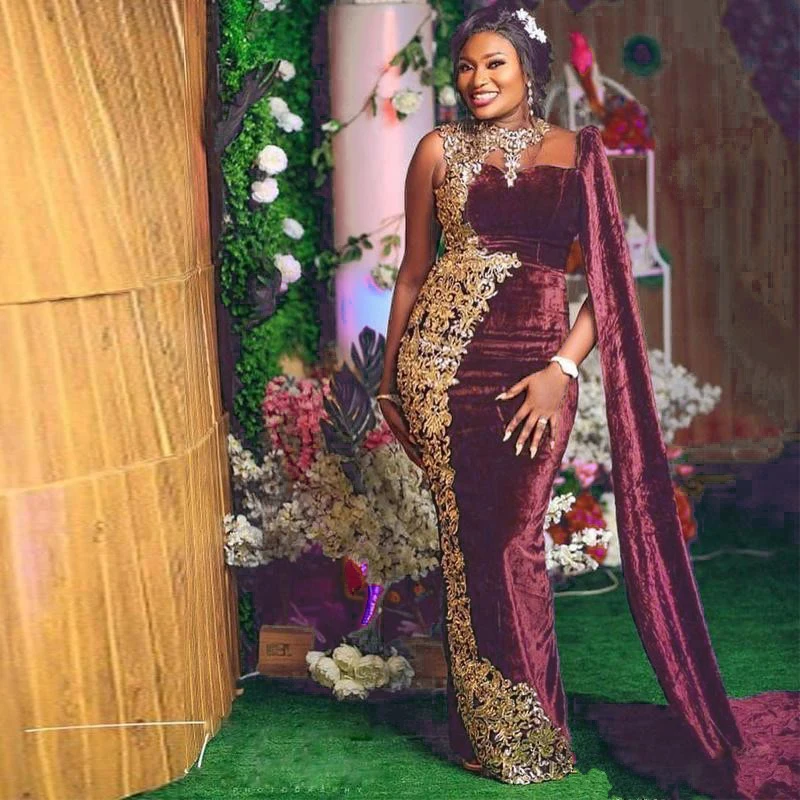 Aso Ebi вельветовые платья для выпускного вечера с палантин Аппликации Милая