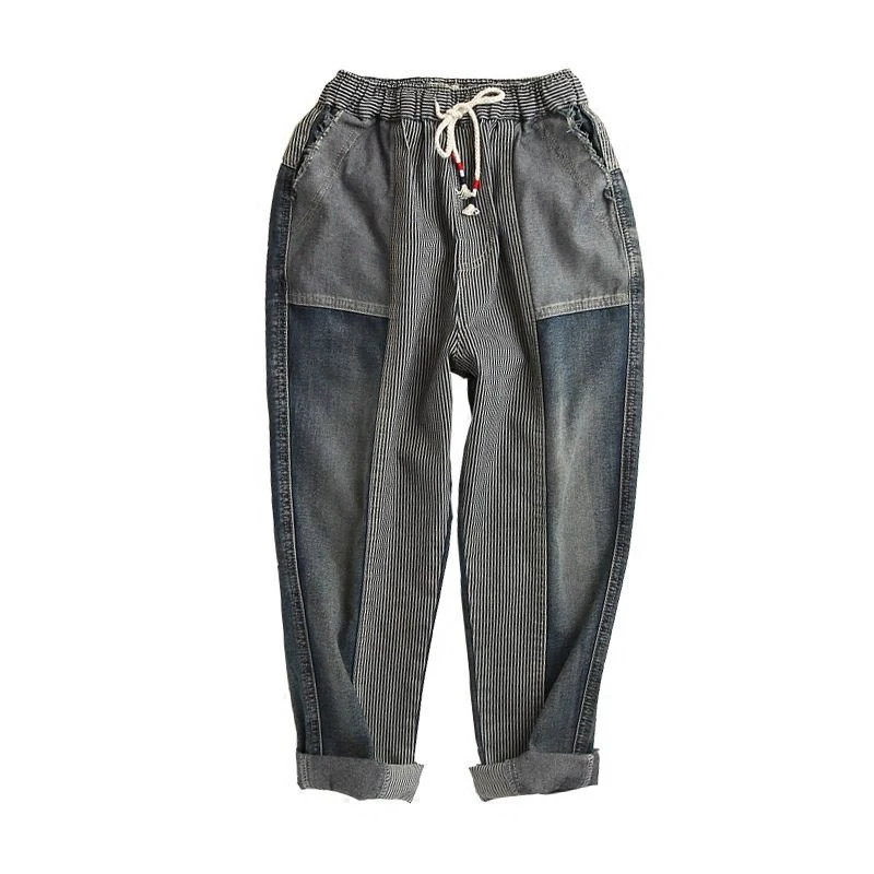 

Spring Arts Style Cotton Denim Harem Pants All-matched Casual Spliced Stripe Loose Jeans Elastic Waist Vintage Lady Jeans