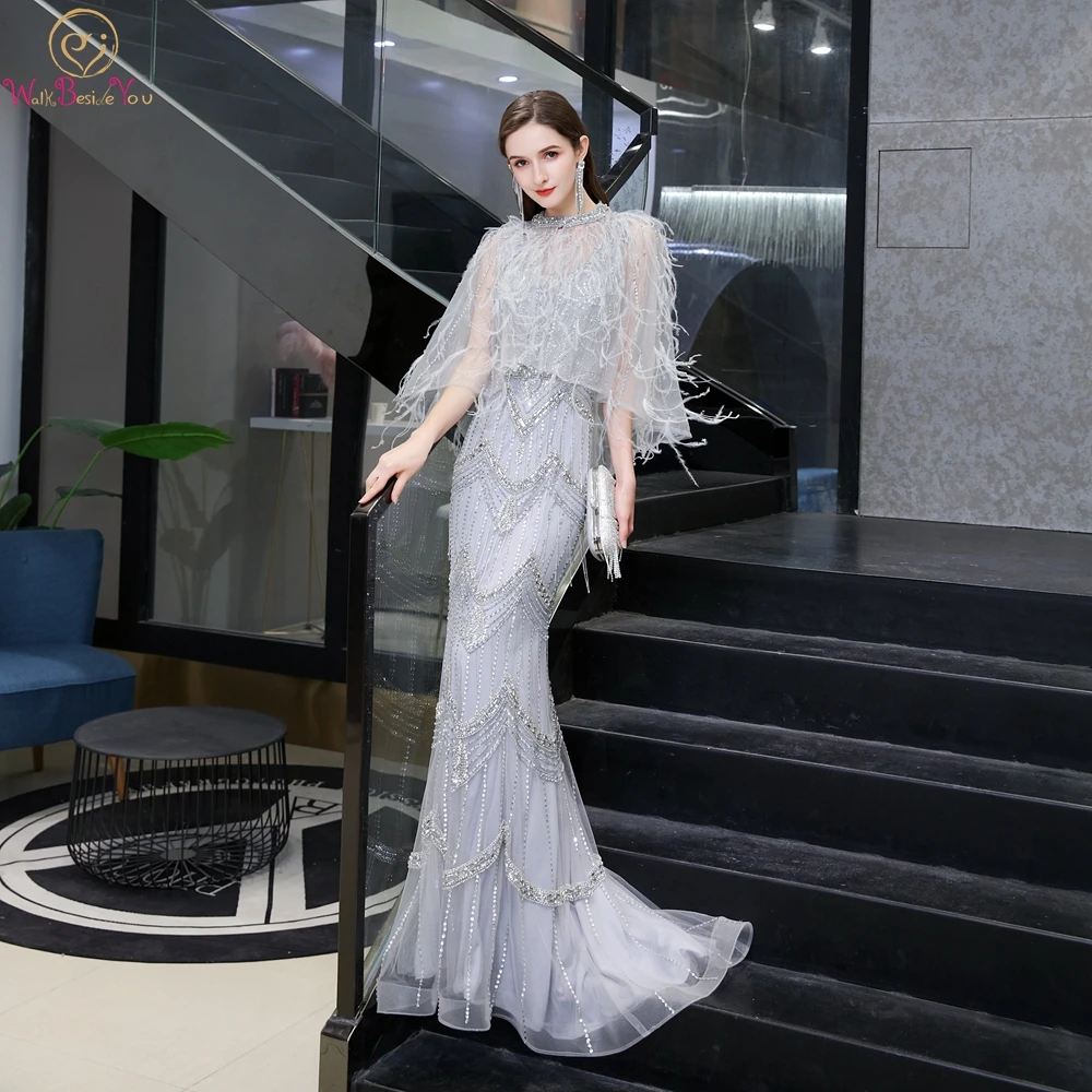 

Elegant Beading Prom Dresses 2020 Gray Crystal Engagement Party Feather Cape Mermaid Sweetheart Plus Size Prom Gowns Ceremony