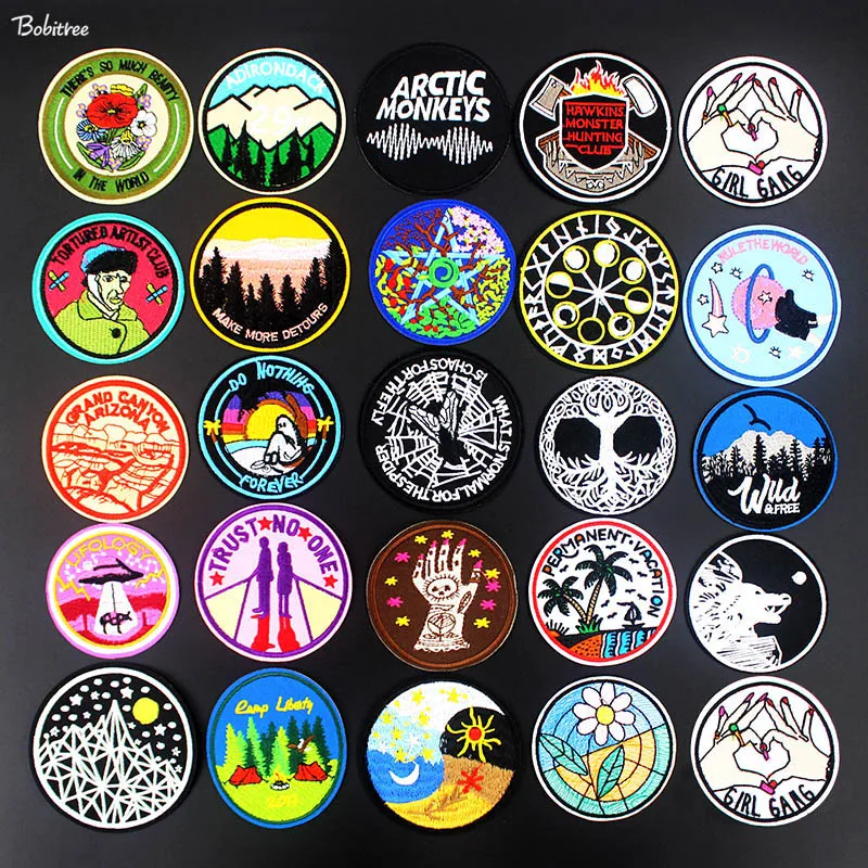 Модные круглые вышитые тканевые нашивки значки полосы термоклейкие аппликации