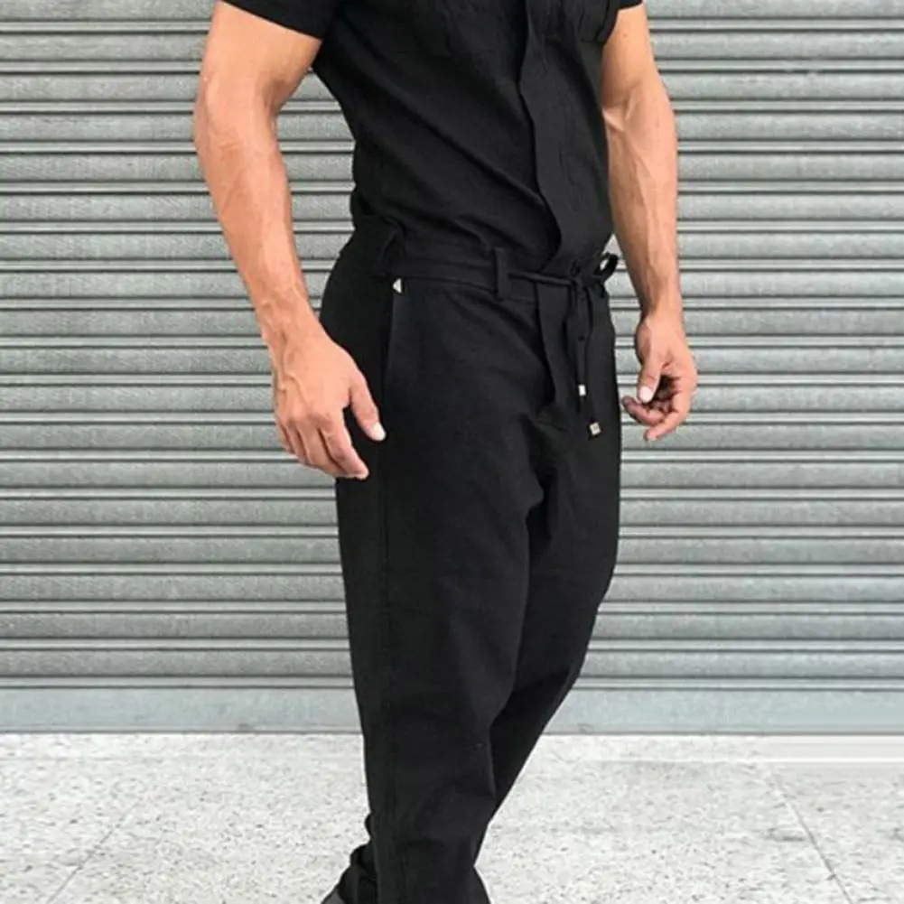 

Men Stylish Short Sleeve Pockets Drawstring Zip Jumpsuit Coverall Work Clothes