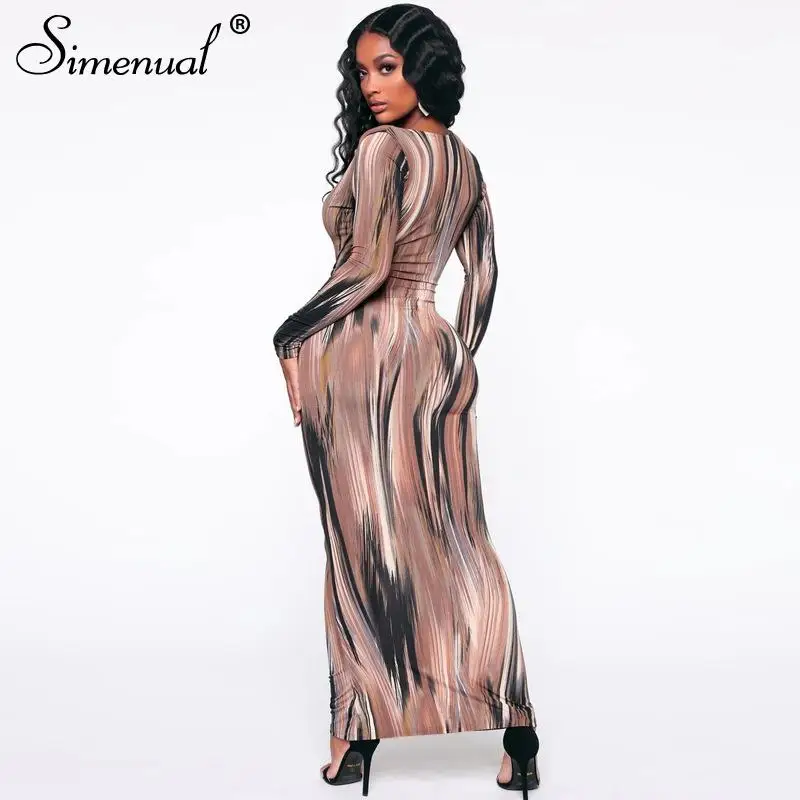

V Neck Bandage Bodycon Sexy Maxi Dresses Women Fashion Skinny Clubwear Printed Long Sleeve Party Dress Autumn Slim