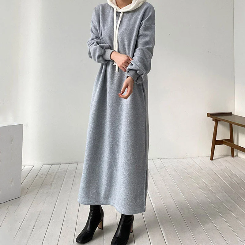 

Autumn Winter 2022 New Simple Hooded Drawstring Contrast Medium Long Dress Women Loose Casual Sweatshirt Dresses Female Fashion