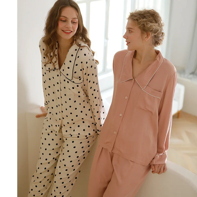 105 Spring Autumn Stain Dot Womens Shirt Pajamas Set Long Sleeve Two-pieces Sleepwear V-neck Women Nightwear Full Pant Homewear