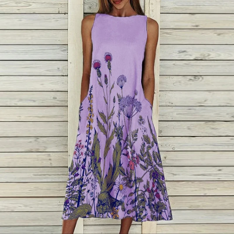

Dress retro print sleeveless summer women's casual pocket O-neck loose dress elegant female plus size banquet dress ins fashion