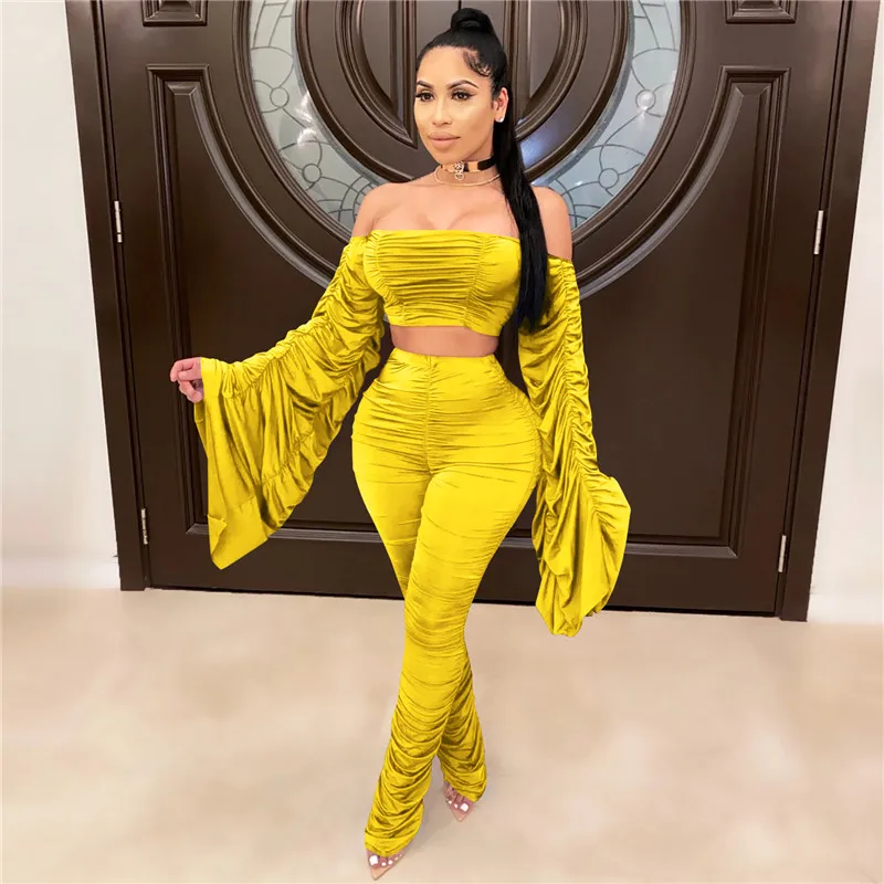 

hirigin Sexy Two Piece Set Outfits for Women Pleated Off Shoulder Slash Neck Crop Top Stacked Pants Set Solid Club Fall Clothes