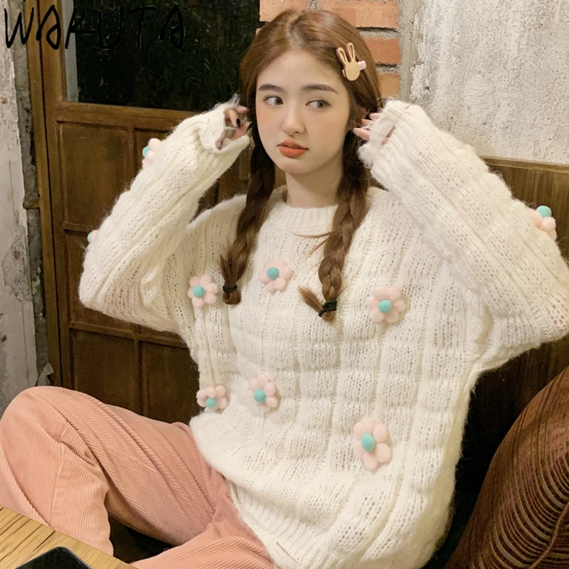 Милый Элегантный цветочный розовый и белый пуловер WAKUTA свитеры для девочек в