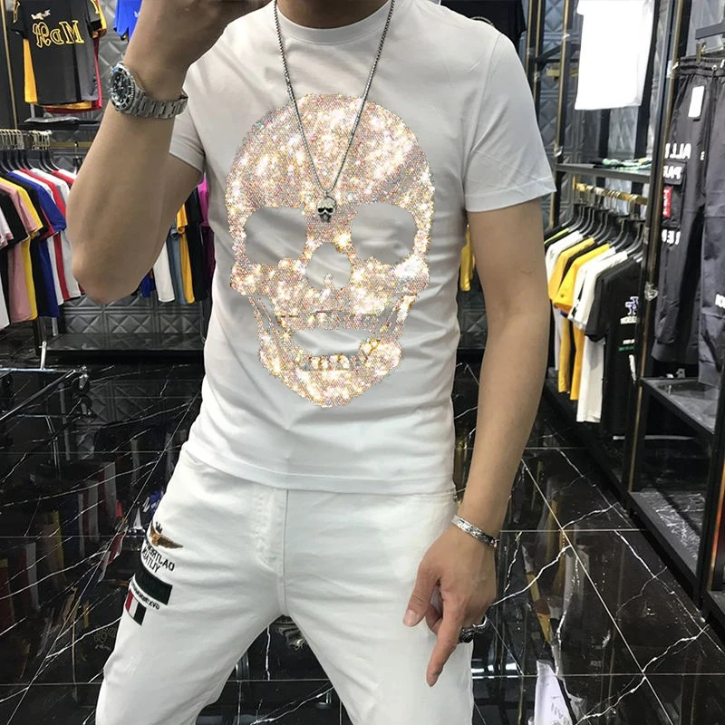 luxury brand self cultivation youth design summer mens t shirt skull o neck short sleeve top hot diamond personality free global shipping