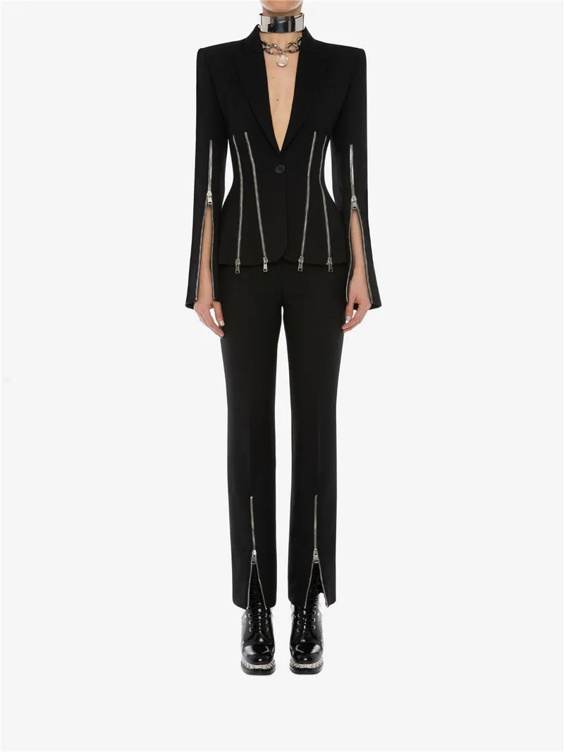 

High Quality Women's Sets Black Long Sleeve Zipper Coat With Pant Celebrity Night Party Women Set