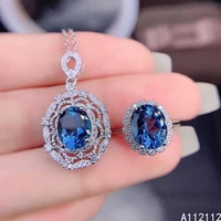 fine jewelry 925 pure silver inset with natural large gem womens luxury exquisite flower blue topaz pendant ring set support de