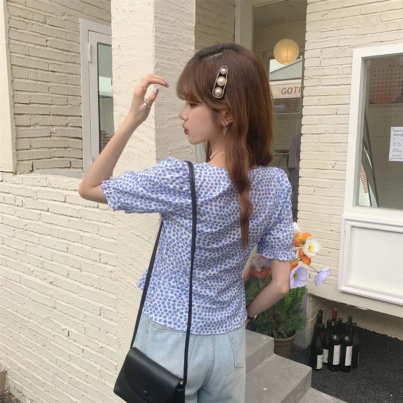 

Women's Blouse Short Sleeve Top Square Collar Shirts Printed Blouses Fashion Tops Casual Shirt Summer New Korean Houthion