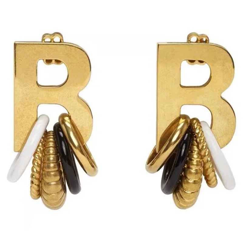 

Retro double B letter multi ring earrings / high grade jewelry and accessories / Brass 18 K gold plated women's Earrings