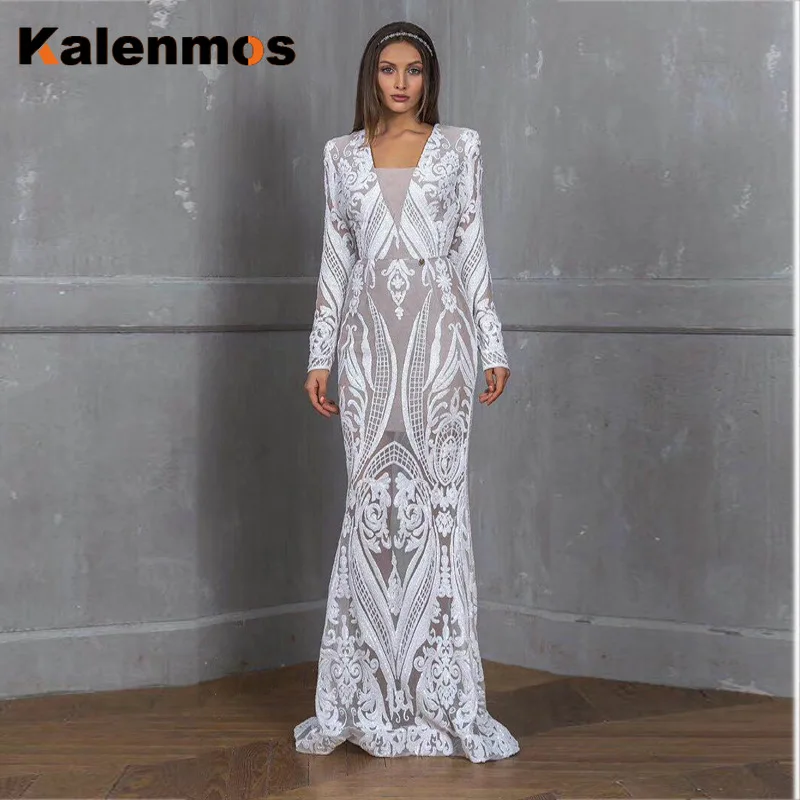 Long Party Dress Women Lace Embroidered V-Neck KALENMOS White Wedding Evening Elegant Maxi Vestidos Formal Gowns Robe | Женская одежда