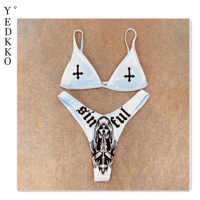 

OKKDEY Sexy Bikini Thong Set Anime Print Bandeau Push Up Bikini Swimsuit Women Swimwear Biquinis Bathing Suit Female Beach wear