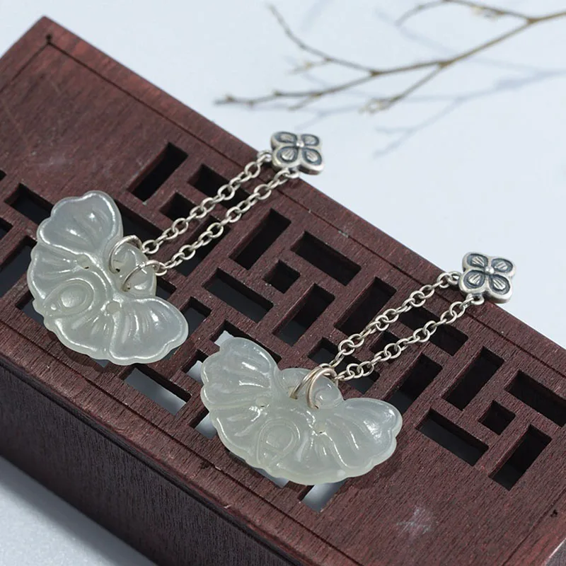 FNJ Hetian Jade серьги из 925 серебра,, Чистое Серебро S925 пробы, висячие серьги с кисточкой для женщин, ювелирное изделие, клевер