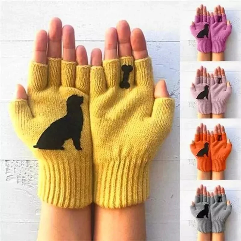 

Dog Gloves for Women Cute Puppy Printed Warm Knitted Gloves One Size Fits All &T8