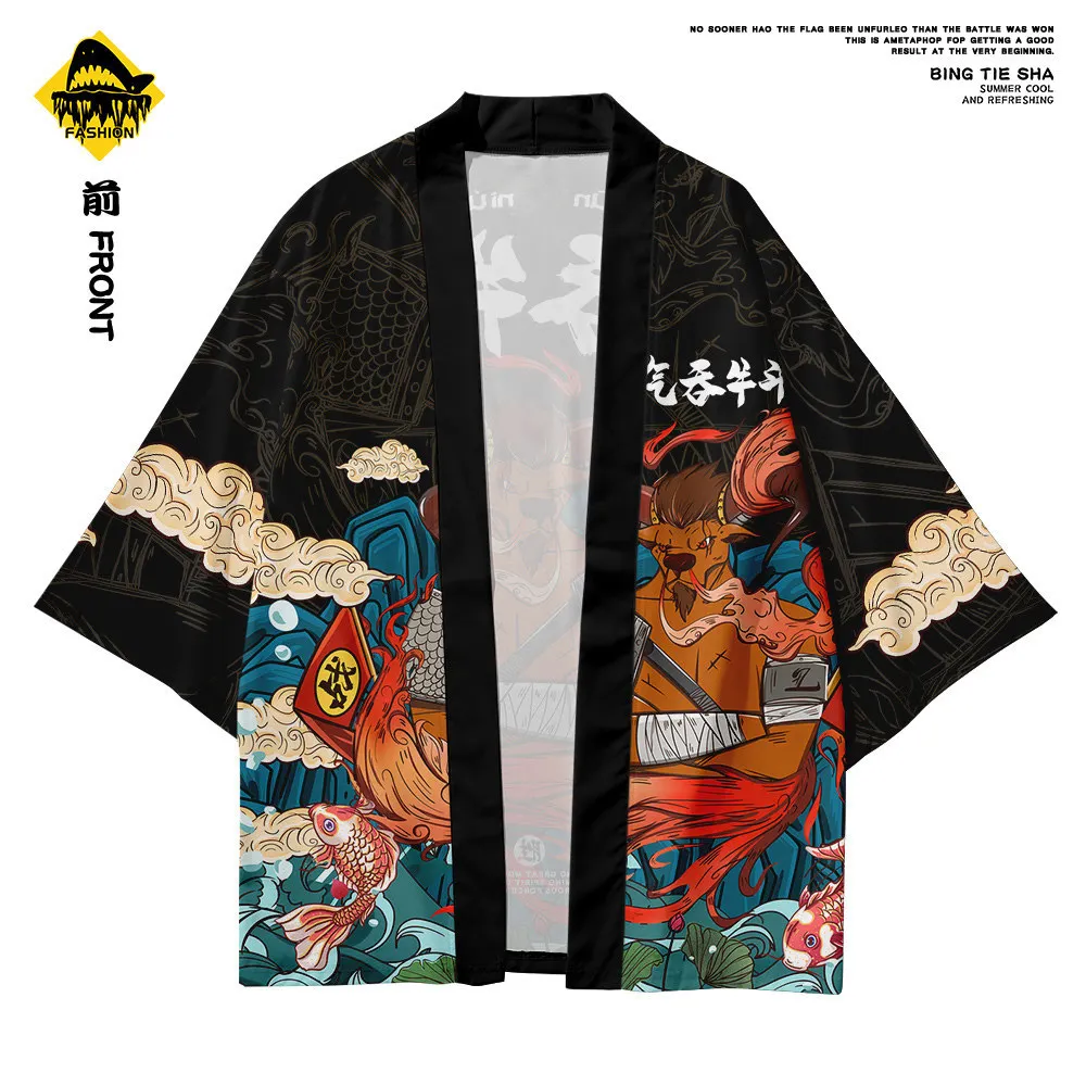 Men Fashion Black Print Yukata Cardigan Loose Blouse Haori Obi Asian Clothes Harajuku Kimono And Pant Suit | Тематическая одежда и