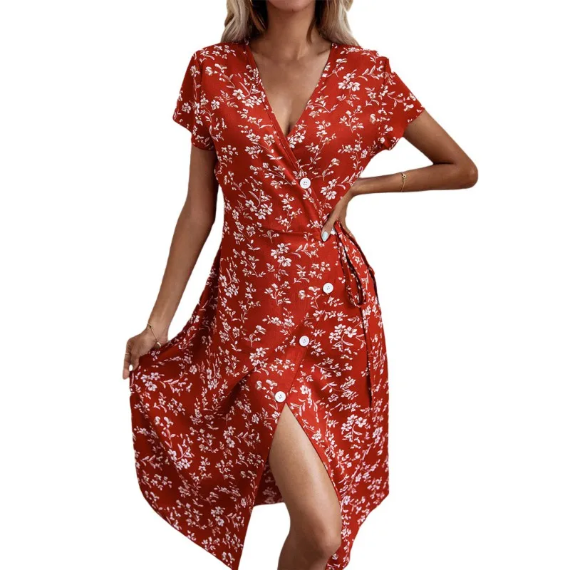 

Women's Button Bandage Dress Sexy V-neck Print Split Dresses Summer