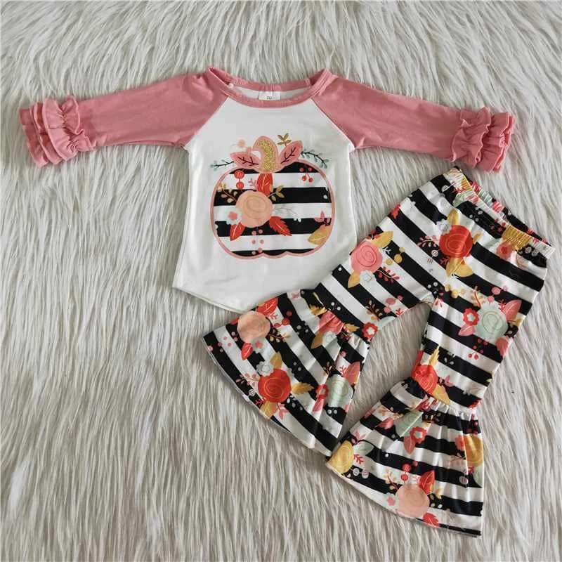

Fall Pumpkin Outfits Baby Girls Long Sleeves Top Bell Bottom Floral Pants Stripe Kids Clothing Children Boutique Fashion Sets