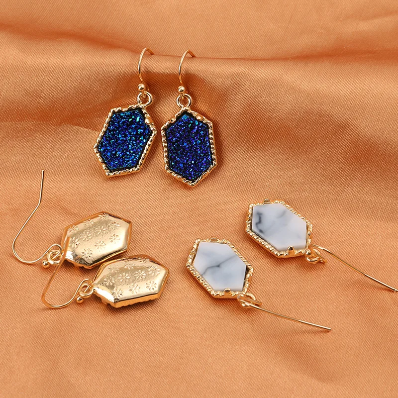 Drusy шестигранные Висячие серьги, Имитация кристаллов, камни Друза, позолоченные сережки с серебряным покрытием, брендовые ювелирные изделия для женщин