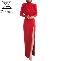 z zoux women dress temperament party dresses stand collar split maxi dresses long sleeve high waist sexy plus size dress 2021