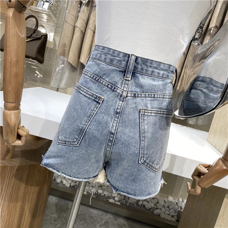 

Women Embroidered Ripped Elegant Hot Pants High Waist Denim Plus Size Shorts Female Wide Leg Blue Casual Shorts Pants