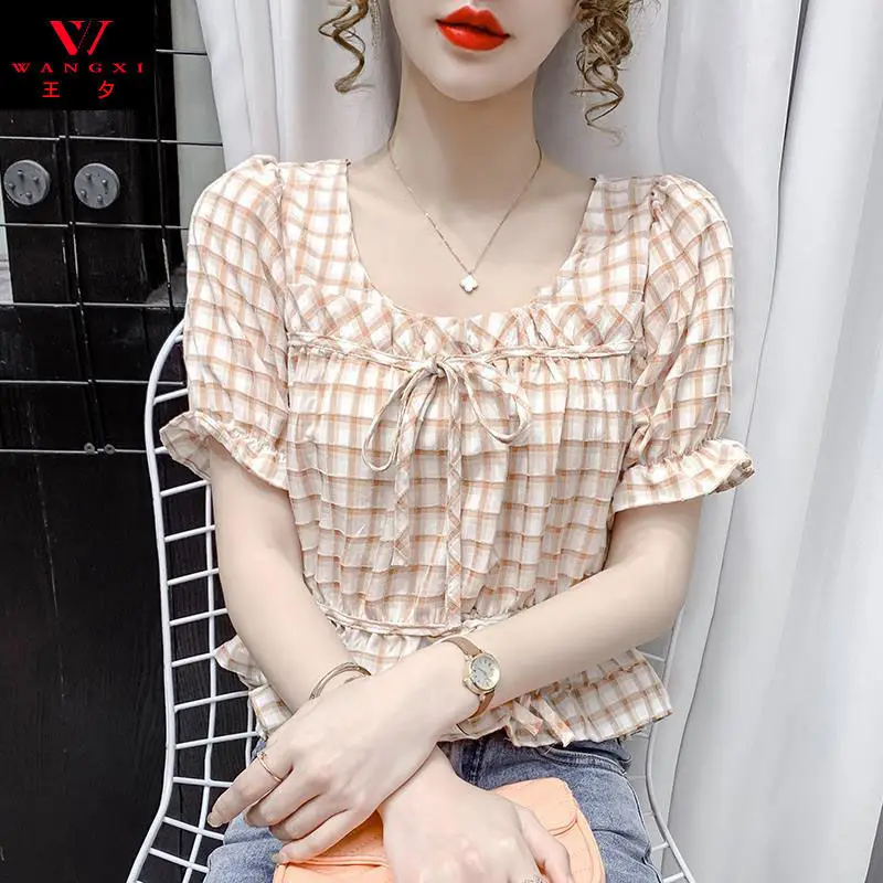 

Women Summer New Casual Plaid Square Collar Blouse Female Sweet Short Puff Sleeve Vintage Slim Lace-up Plus Size Shirt Tops L294