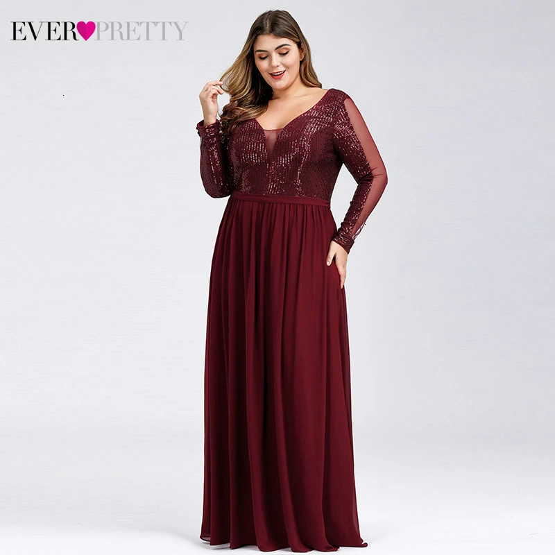 Плюс Размеры Выпускные платья Burgundy Ever Pretty сексуальное нижнее белье с глубоким v-образным вырезом, расшитые блестками, а-силуэт, длинный рукав, Прозрачное нижнее белье Сексуальная Вечерние платья праздничный Jurk