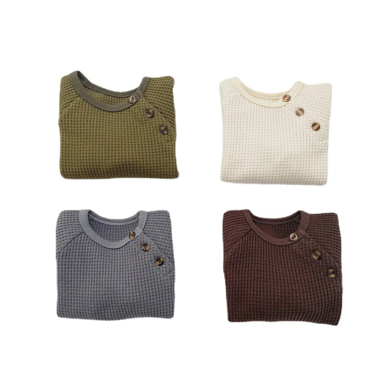 

2021 Spring New Baby Boys Girls Waffle Long Sleeve T Shirts Tops Infant Kids Cotton Comfortable Waffle Sweatshirt