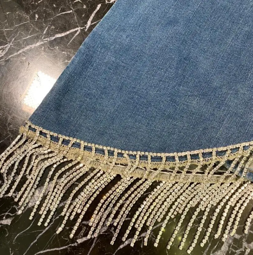 

Fashion Diamond Tassels Jeans Skirts Women Spring Summer High Waist Elasticity Slim Fit Irregular Package Hip Denim Skirt s672