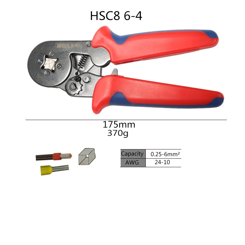 HSC8 6-4 Обжимные плоскогубцы ручные инструменты электрооборудование трубчатый терминал костюм HSC8 инструмент, используется для 0,25-10 мм2 23-7awg 6-4/6-6 0,25-6 мм2 - Цвет: HSC8 6-4