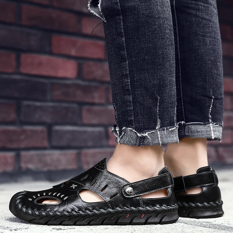 

2020 New Genuine Leather Men Shoes Outdoor Lightweight Black Slip on Summer Shoes Comfort Beach Casual Men Sandals Big Size 48