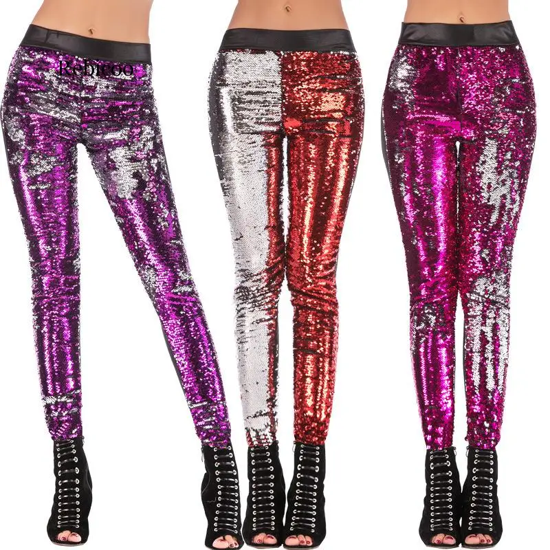 

Party Summer Faux Lether Pants Women Sequin Leggings Elastic Waist Skinny PU Pants Spliced Color Skinny Leather Trousers Women