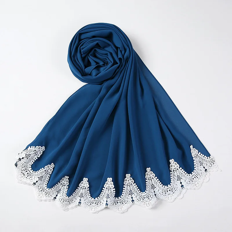 

Spring Autumn Soft Comfortable Lace Scarf Fashion Splicing Scarfs Beautiful Solid Color Pearl Chiffon Turban For Women Girls Hot