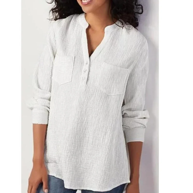 

Women's Blouse 2021 Spring Autumn Cotton Linen Long Sleeve V-Neck Pocket Stylish Solid Loose Casual Shirts Woman Blusas