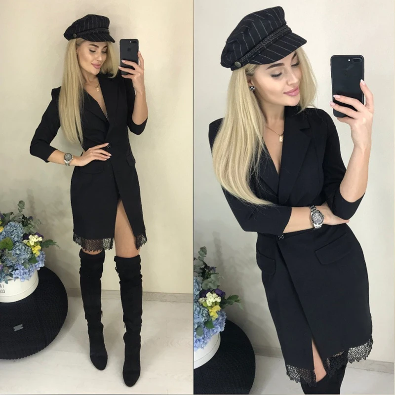 

Women Vintage Lace Patchwork Pockets A-line Dress Long Sleeve Sexy V neck Solid Elegant Casual Mini Dress 2019 Winter New Dress