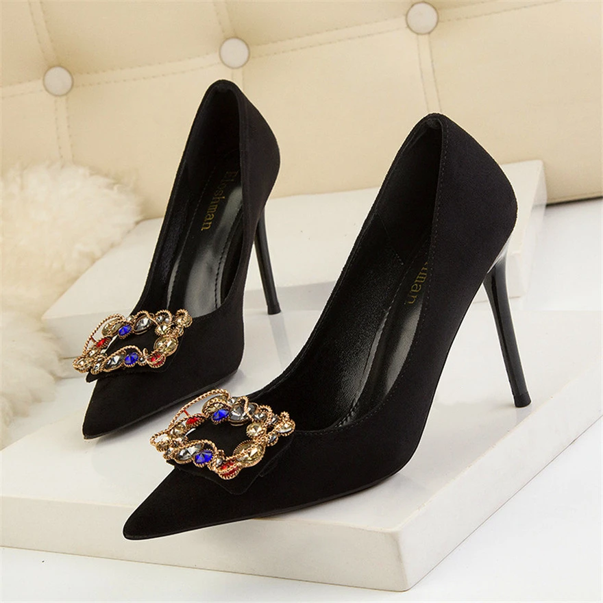 2023 Autumn Fashion Colorful Crystal Women Pumps Pointy Toe Solid Flock High Heels Shoes Black Nude Ladies Sexy Party Dress Shoe