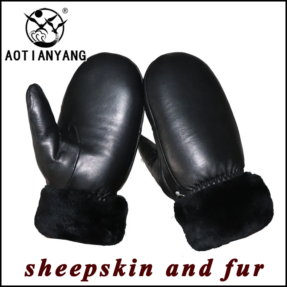 

Men's Leather Gloves Sheepskin Real Wool Mittens Women's Authentic Fur Winter Thicken Windproof Cold-Proof Driving Cycling