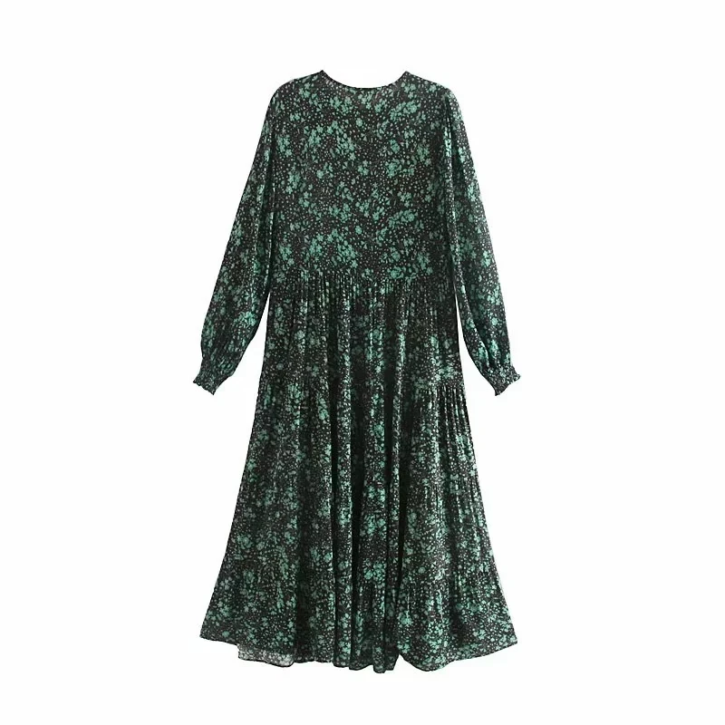 Зимнее Зеленое Длинное платье с цветочным принтом женское круглым вырезом и