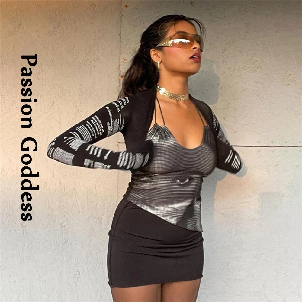 

Sexy Y2k Women Printed Crop Camis Slim Shirts Sets Halter Bandage Hollow Out T Shirt Long Sleeve Outfits Party Nightclub Wear