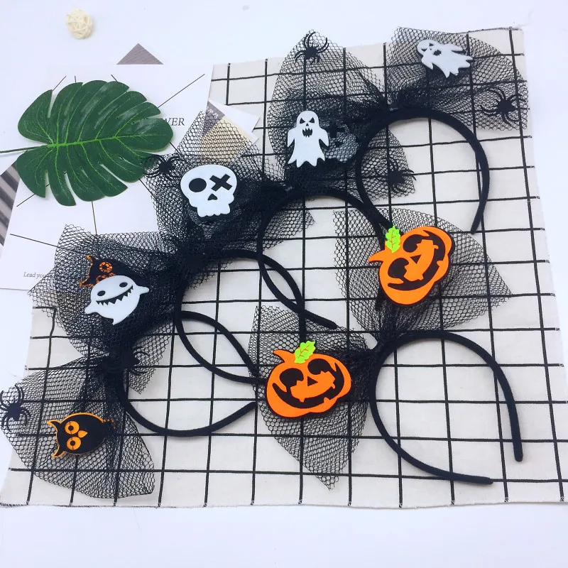 

Net yarn bow pumpkin headband Halloween skull headdress head buckle G