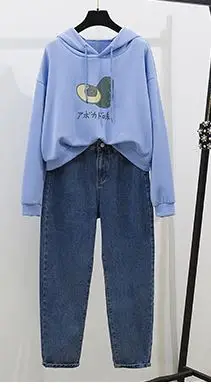 Blue suit Осенние толстовки с капюшоном, свободные джинсовые штаны с капюшоном, Новая зеленая куртка с капюшоном авокадо, флисовая женская повседневная одежда из 2 предметов, комплект одежды, брюки - Цвет: Blue suit