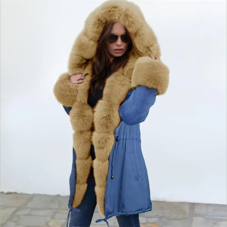 2021 Solid Long Fur Coat for Women Winter Thick Jacket Hooded Warm Female Clothing Fur Coats