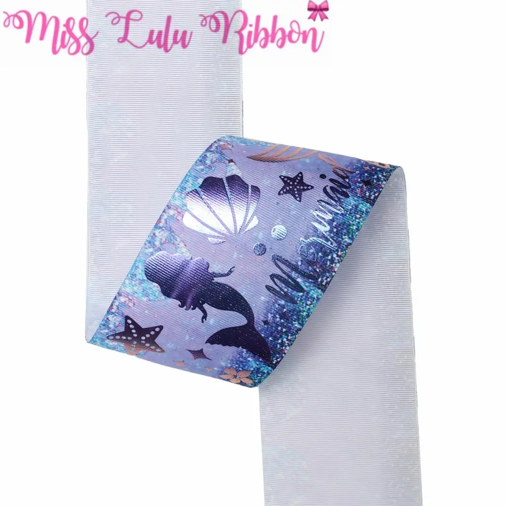 

3"75mm Cartoon Mermaid Flower Starfish Rainbow Hologram Foil Shiny Purple Printed Grosgrain Ribbon DIY Hair Bands 50yards/roll