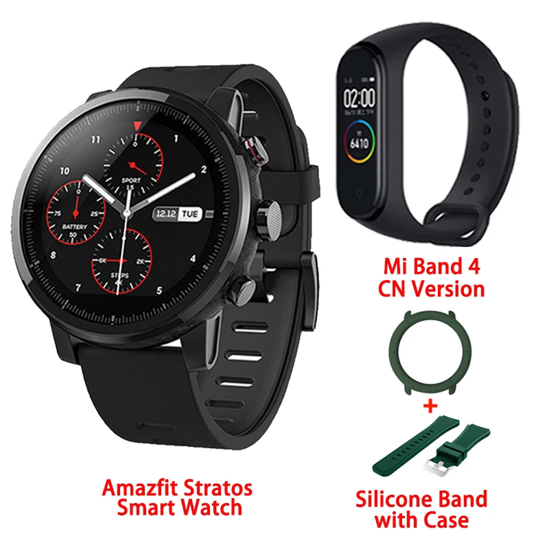 add Green Case Strap Amazfit Stratos умные часы gps 5ATM водонепроницаемые 2.5D gps монитор сердечного ритма спортивные плавательные умные часы Xiaomi экосистема продукт - Цвет: add Green Case Strap