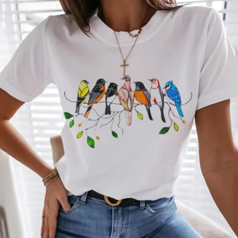 

2021 Summer Women Casual Round Neck Short Sleeve Loose Shirts Fashion Vintage Bird Flower Print Tops Pullovers Ladies T-Shirts