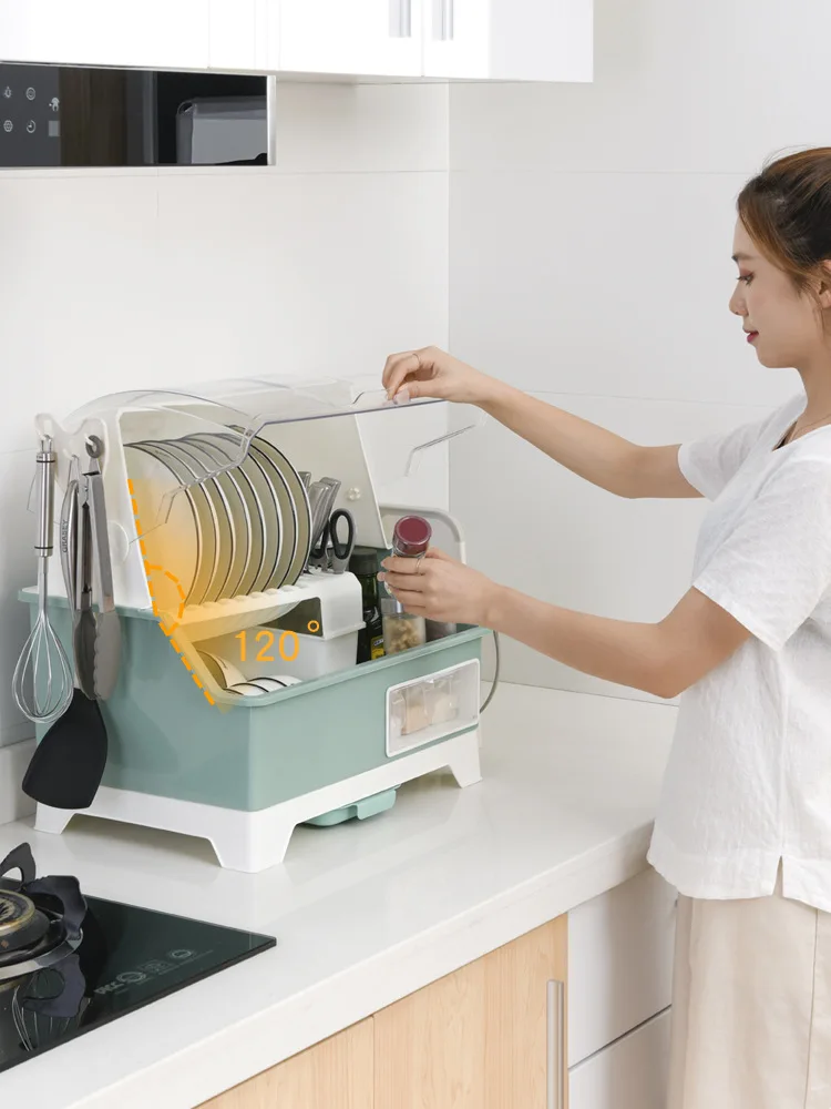

Dustproof Multi-functional Draining Dish Rack Kitchen Tableware Bowl Dish Seasoning Plastic Cupboard Household